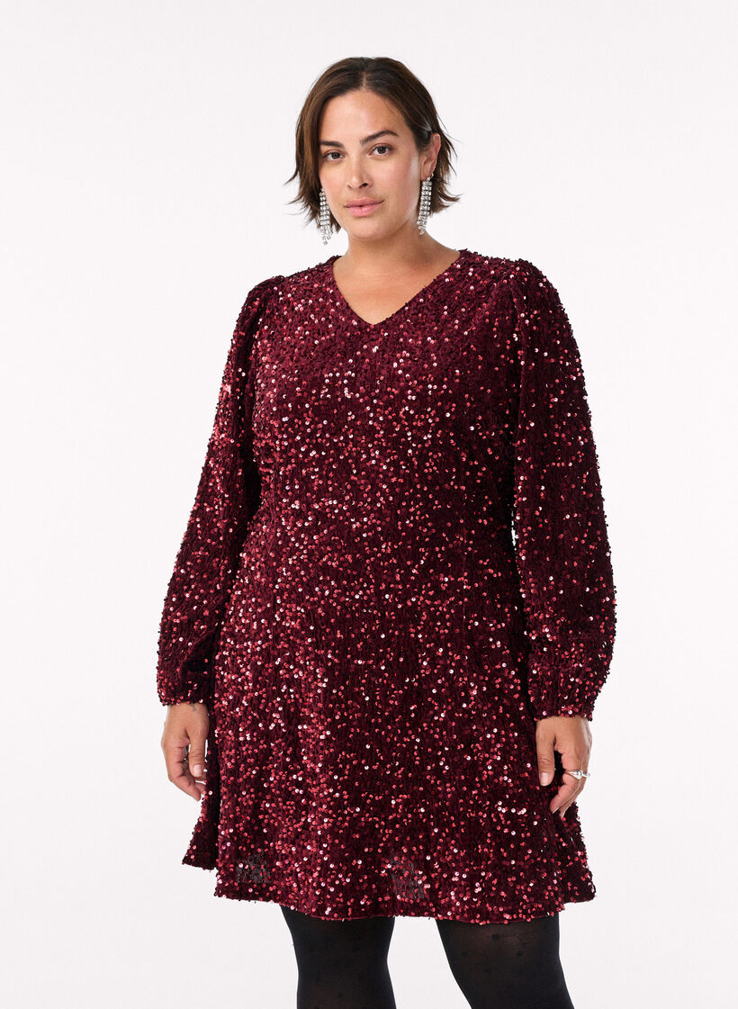Short A-line sequin dress, Red, Model image number 0