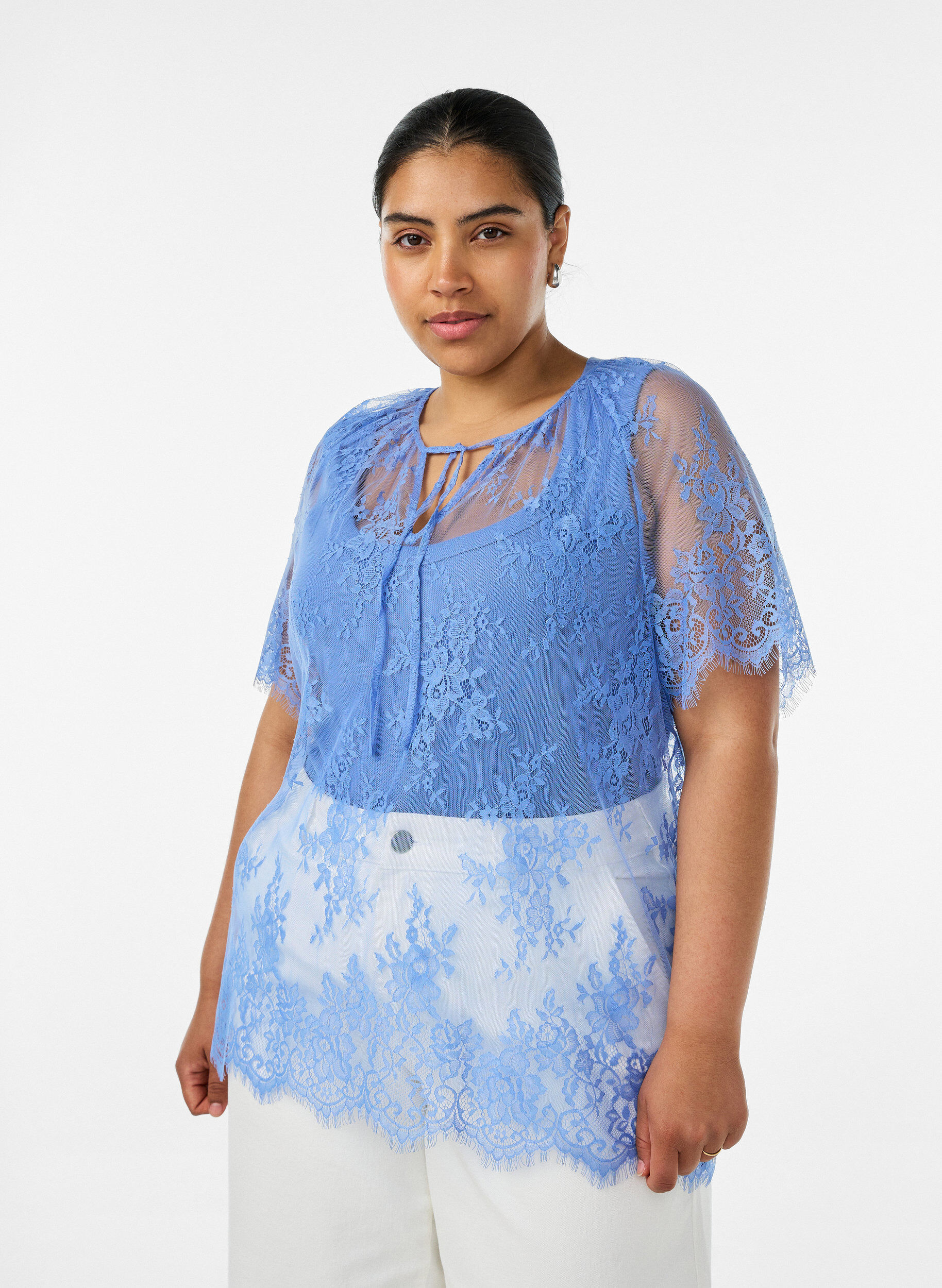 Zizzifashion Short-sleeved lace blouse with tie-fastening, Purple, Model image number 0