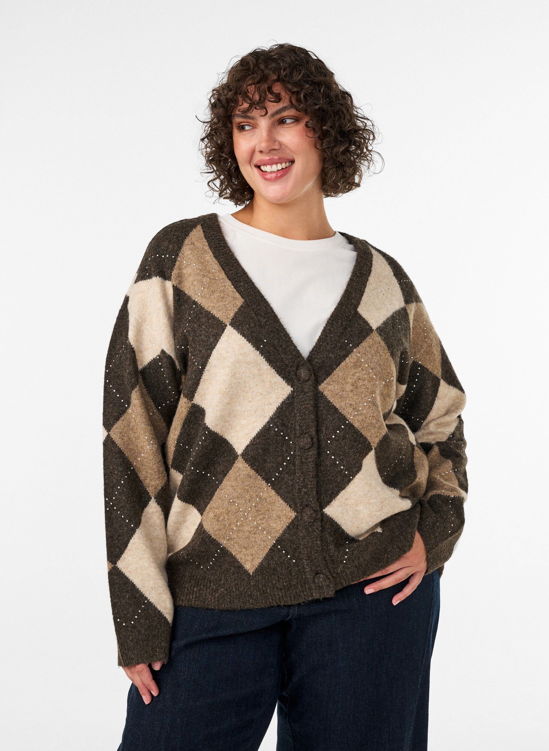 ZizzifashionArgyle cardigan with rhinestones, Brown, Model image number 0