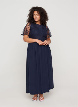 Long short-sleeved dress with lace, Night Sky, Model image number 0