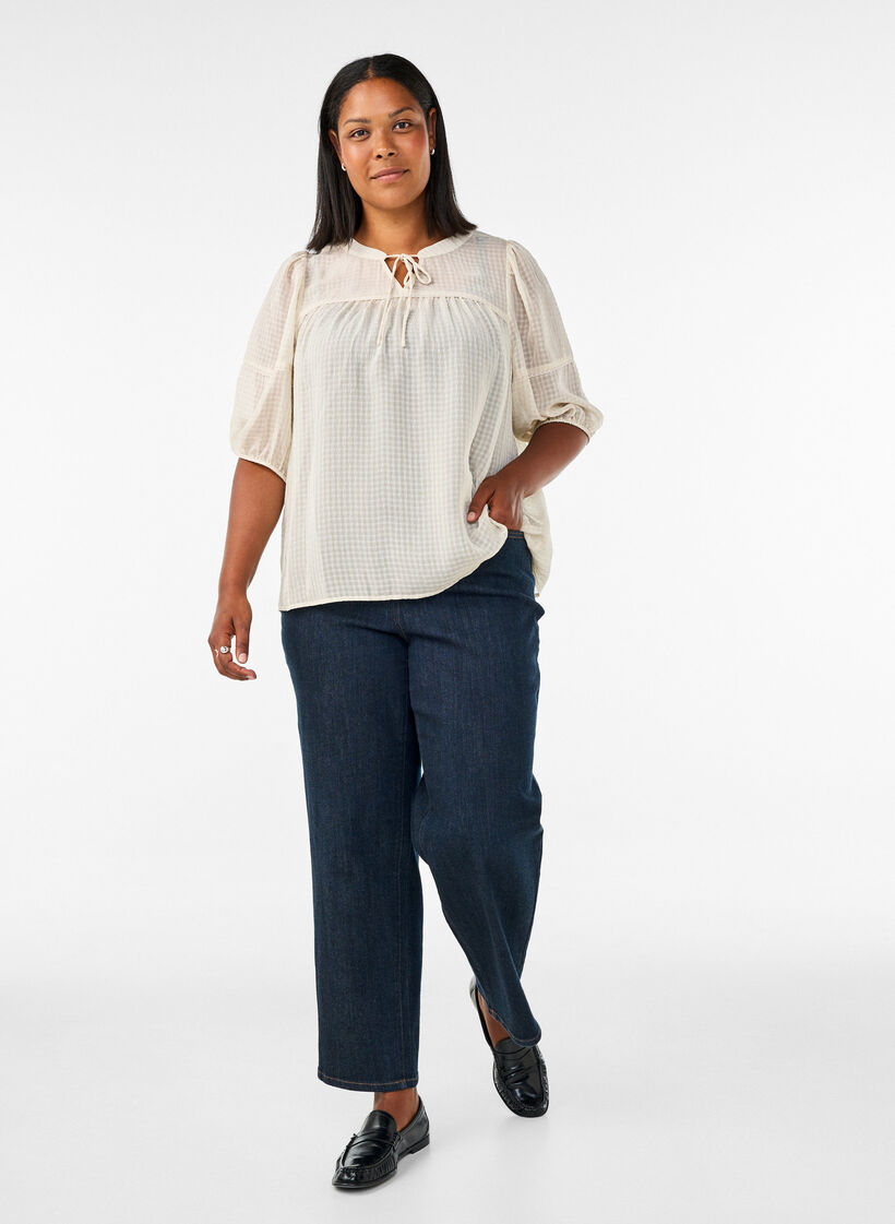 Blouse in seersucker with tie-string, Beige, Model image number 1