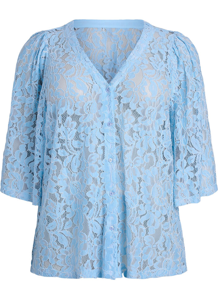 Short-sleeved lace blouse with V-neck, Blue, Packshot image number 0