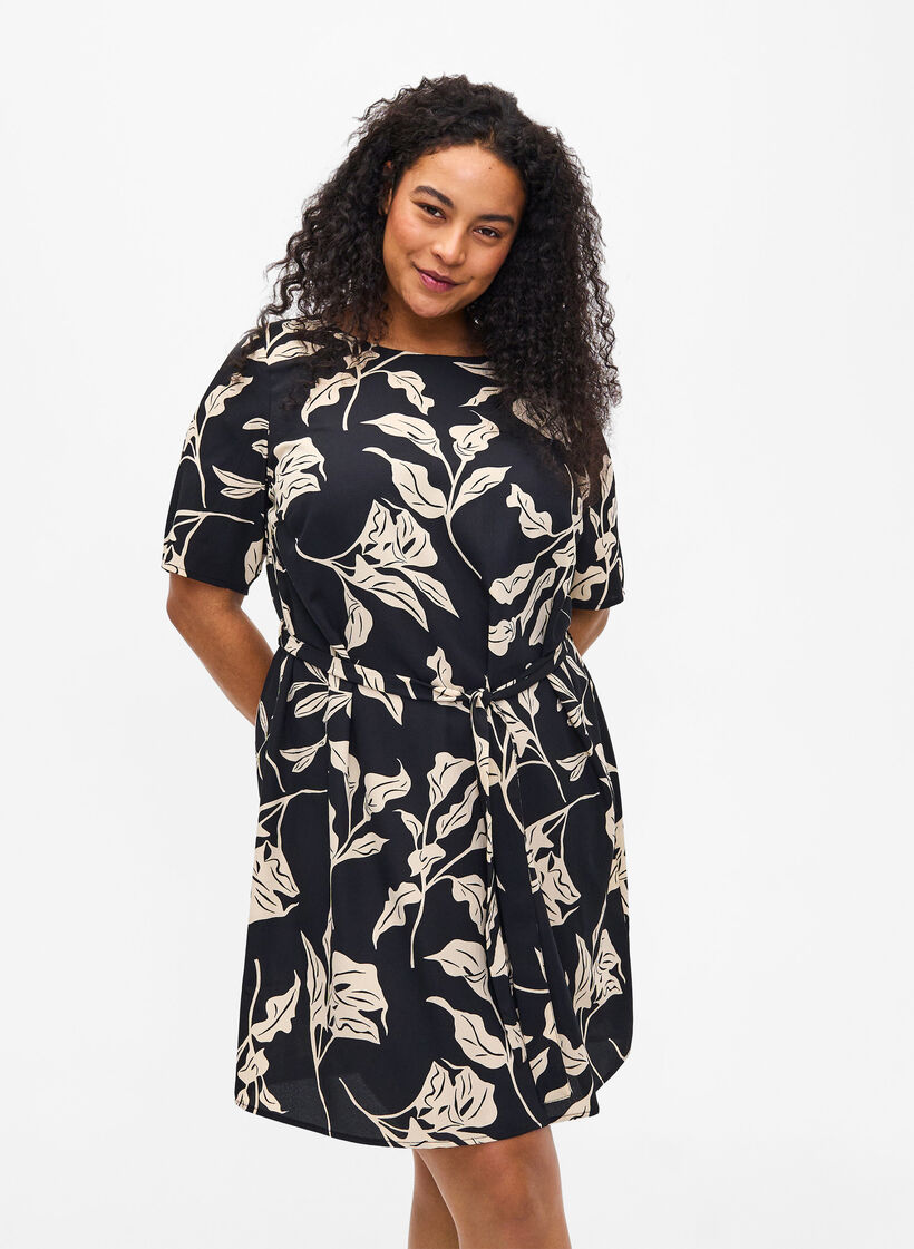 FLASH - Short sleeve dress with belt, Black Off White Fl., Model image number 0