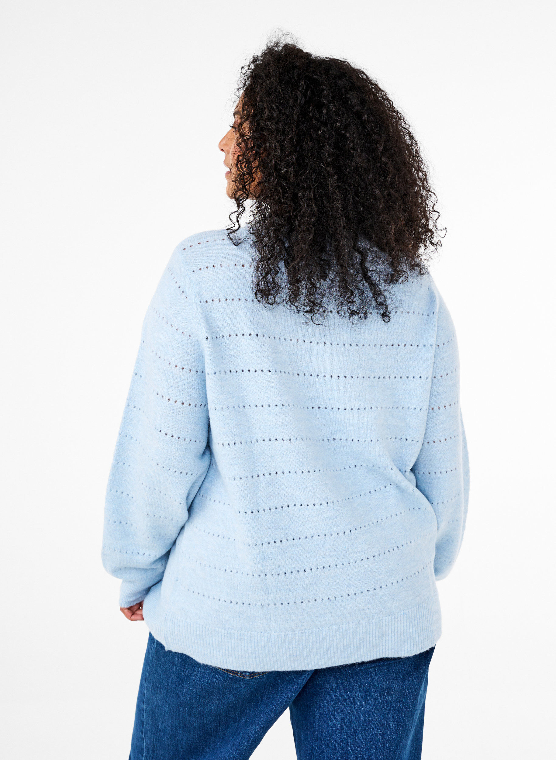 Zizzifashion Knitted blouse with round neck and lace pattern, Cashmere Blue Mel., Model image number 1