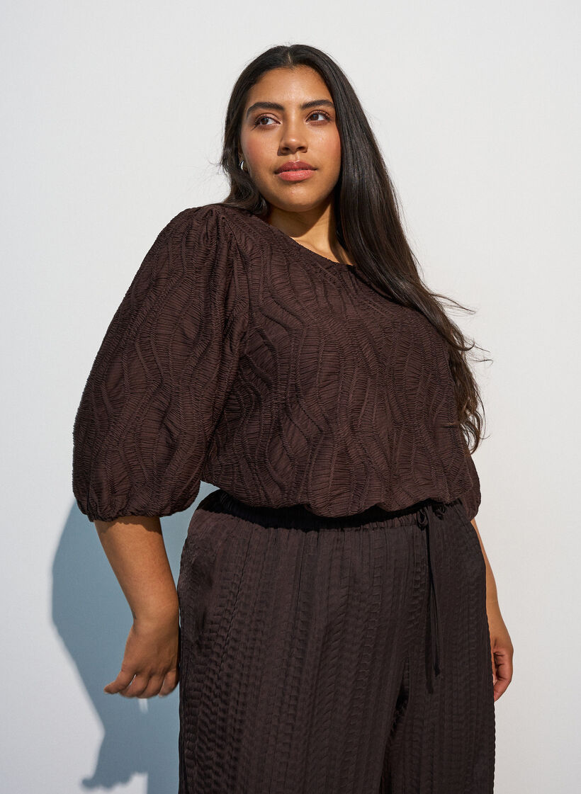 Blouse with texture and 3/4 sleeves, Brown, Model image number 0