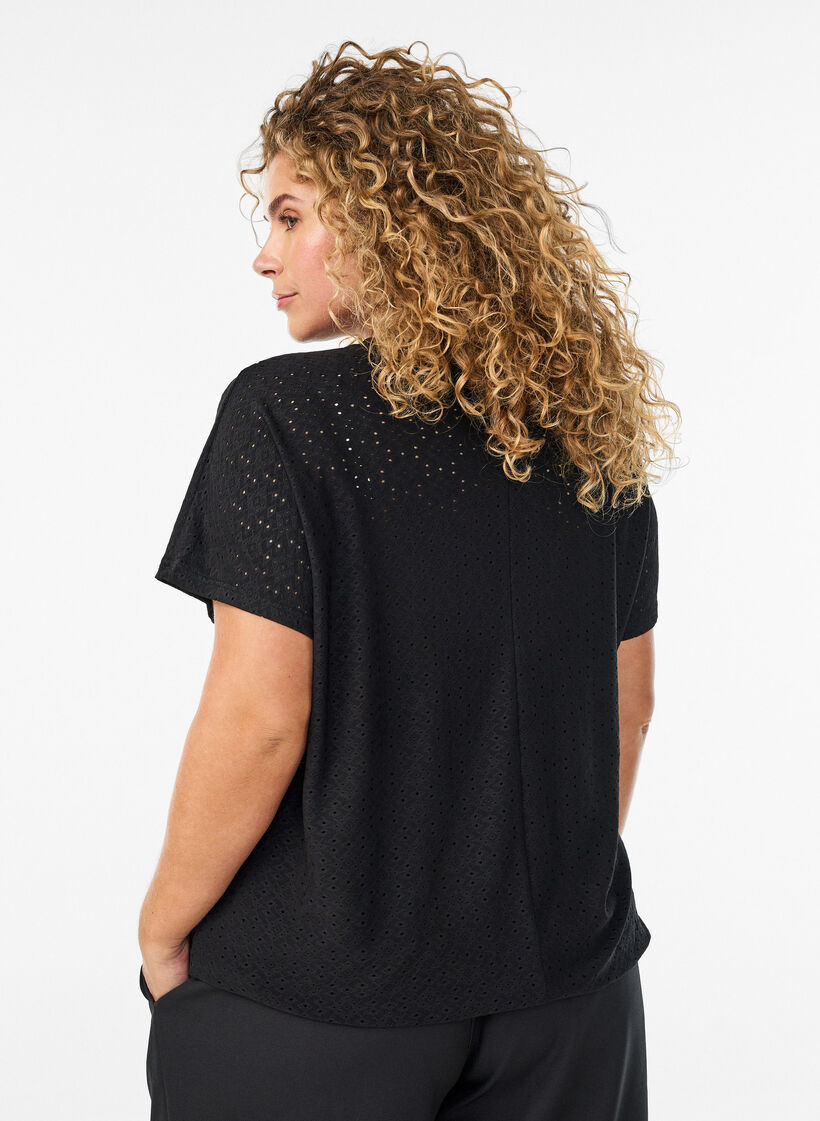 Blouse with eyelet embroidery and balloon-effect, Black, Model image number 2