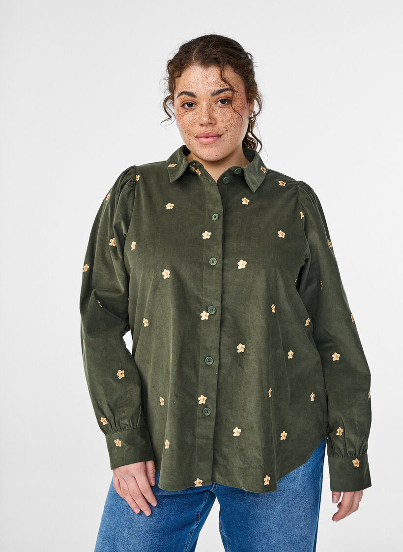 Corduroy shirt with embroidered flowers, Green, Model image number 0