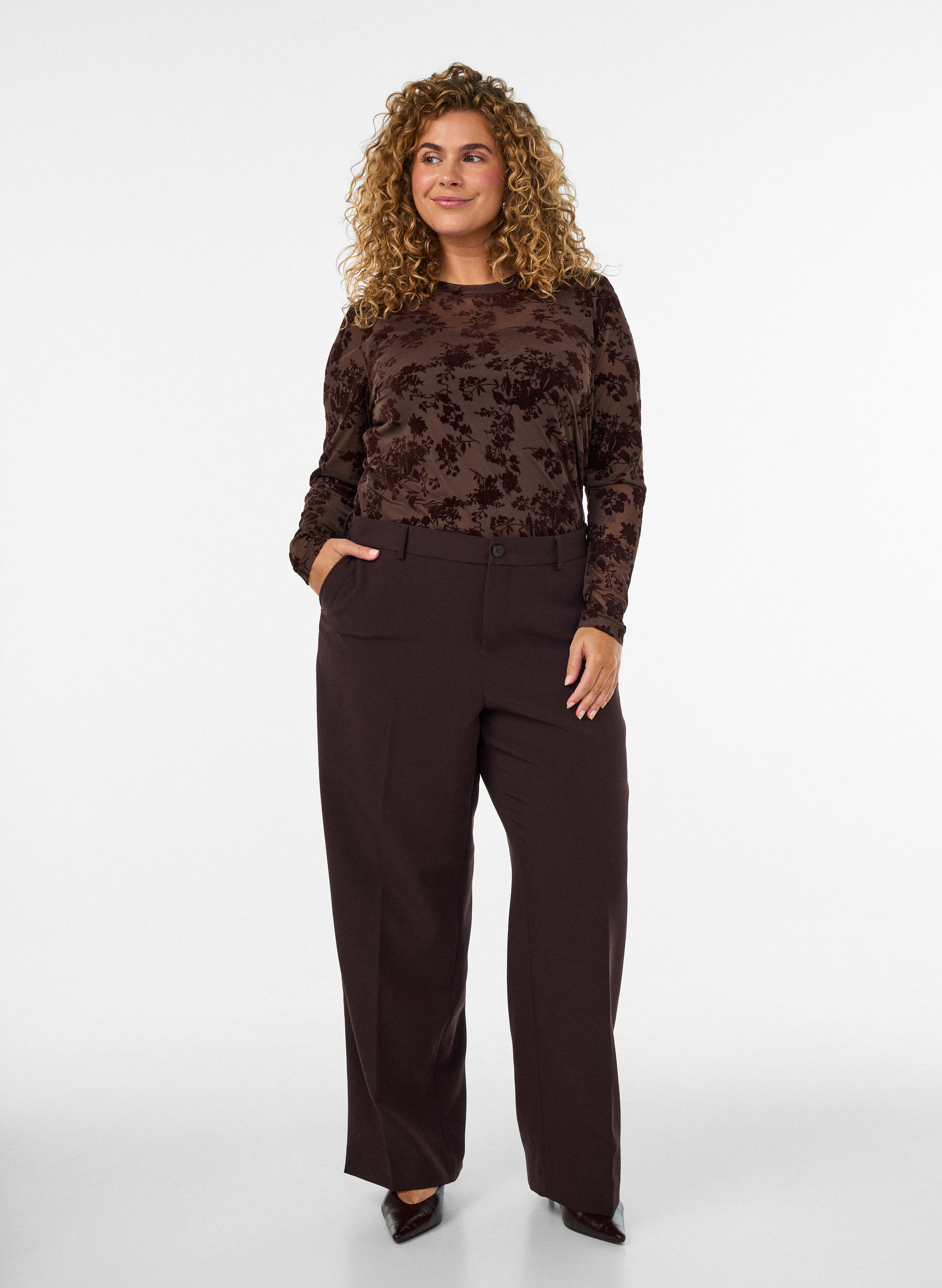 ZizzifashionMesh blouse with floral pattern, Brown, Model image number 1
