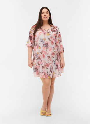 Floral Tunic with 3/4 sleeves and A-line, Light Lilac AOP, Model image number 2