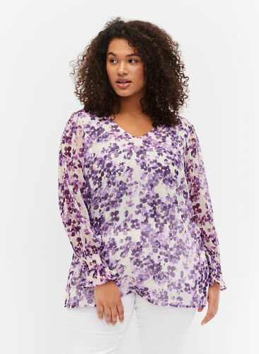 Floral blouse with long sleeves and v neck, Beige/Purple Flower, Model image number 0
