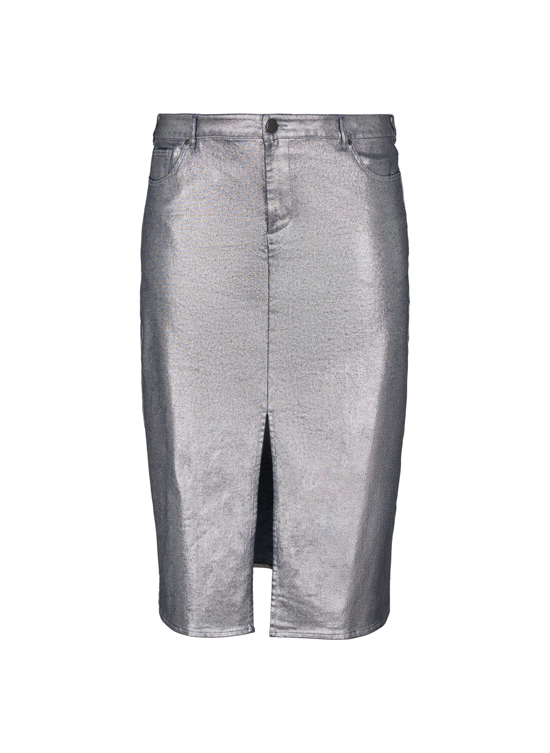 Zizzifashion Silver coated midi skirt, Gun Sliver, Packshot image number 0