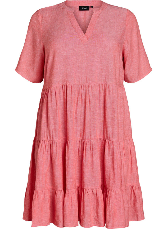Knee-length A-line dress in linen and viscose, Coral, Packshot image number 0