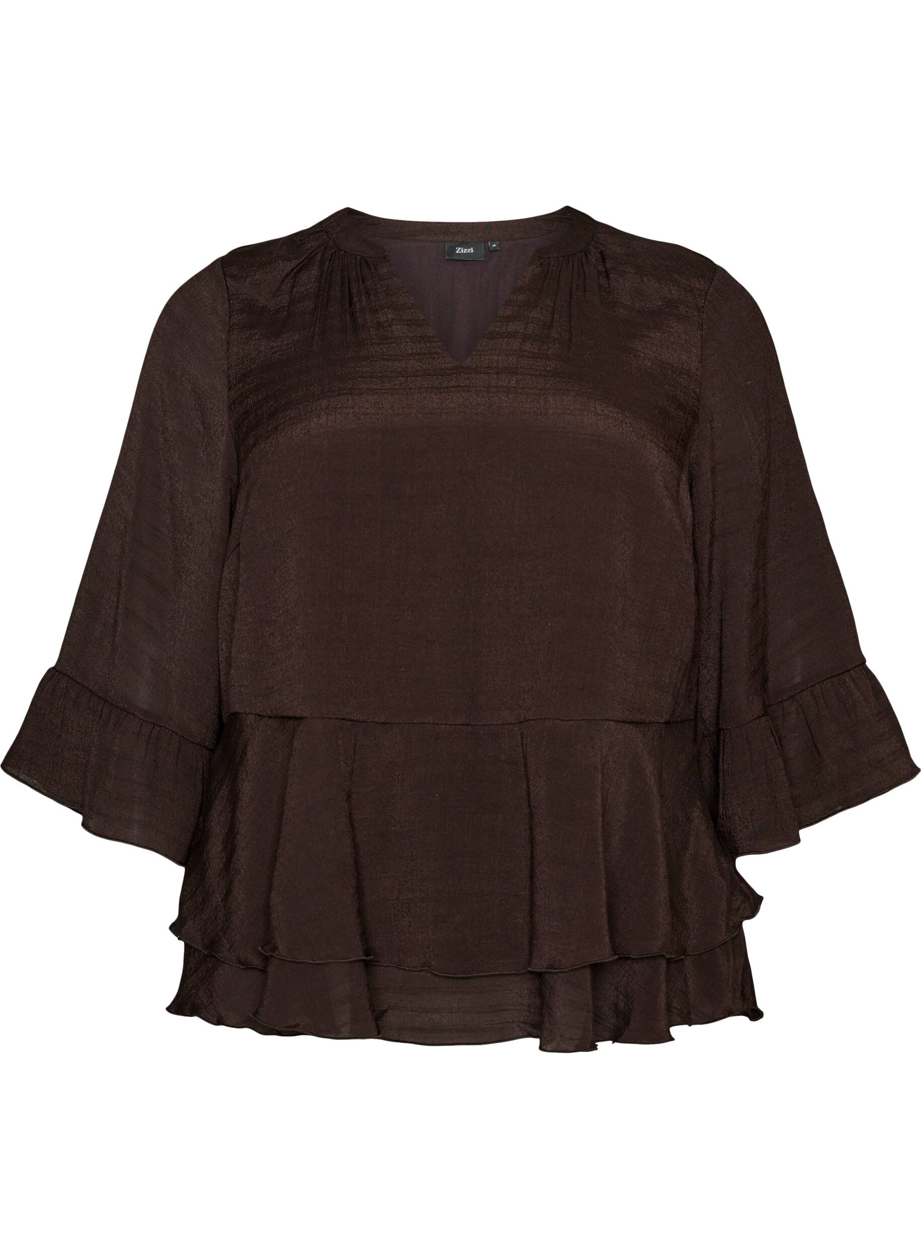 ZizzifashionBlouse with 3/4-sleeves and ruffle details, Brown, Packshot image number 0