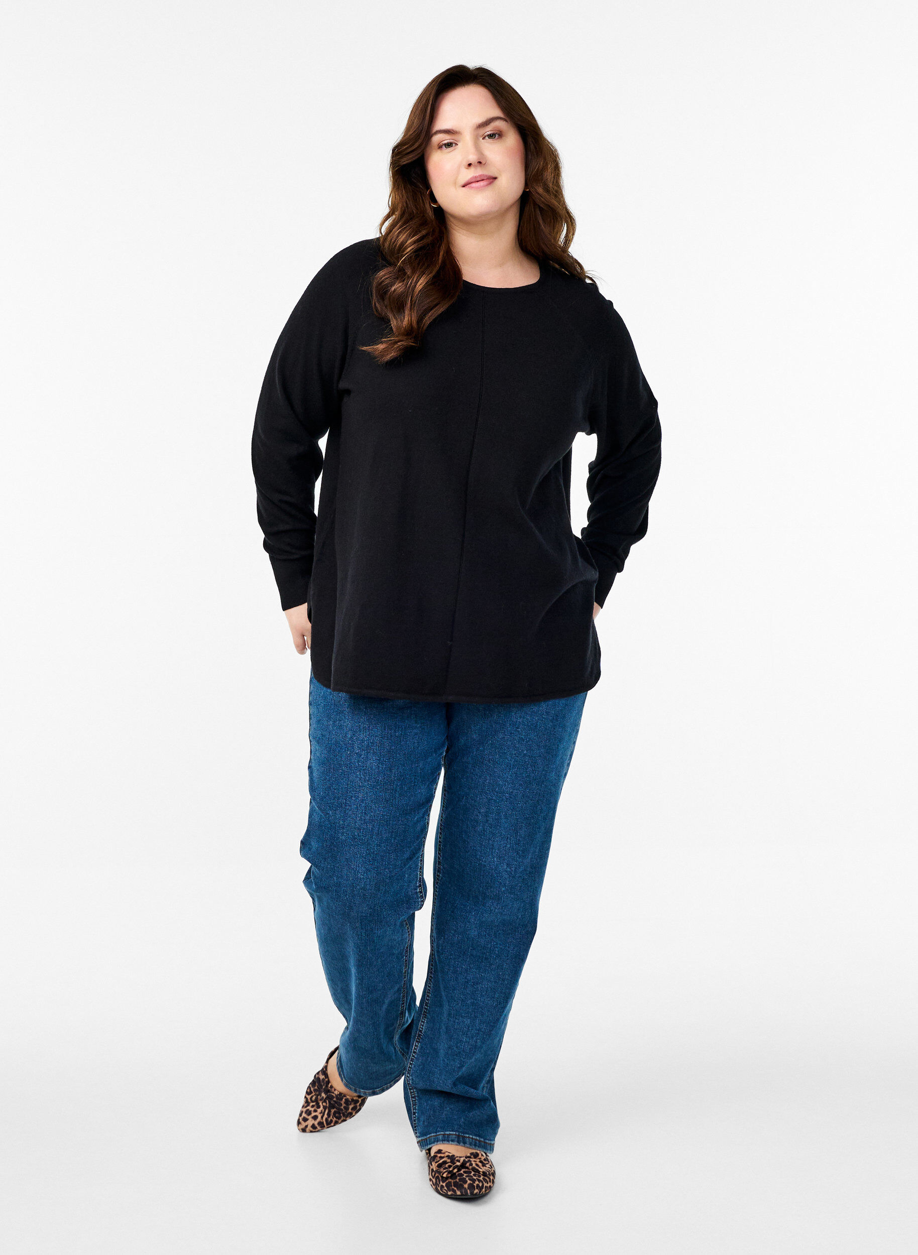 ZizzifashionKnitted blouse with round neck and knitted pattern, Black, Model image number 1