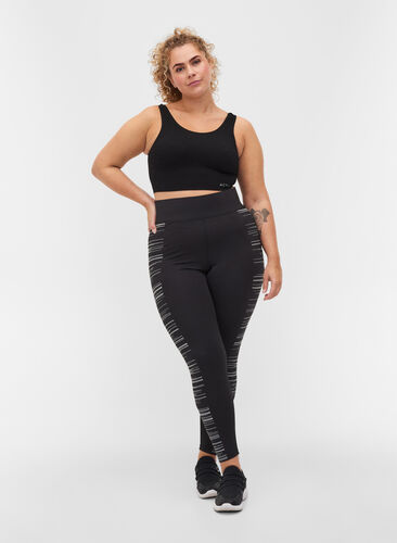 Cropped gym leggings with reflective print, Black, Model image number 0