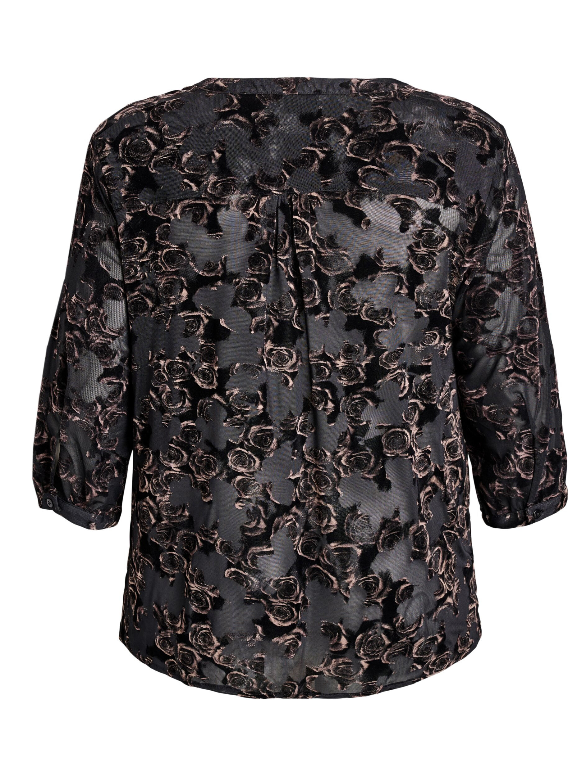 Zizzifashion Mesh blouse with velour roses and 3/4 sleeves, Black, Packshot image number 1