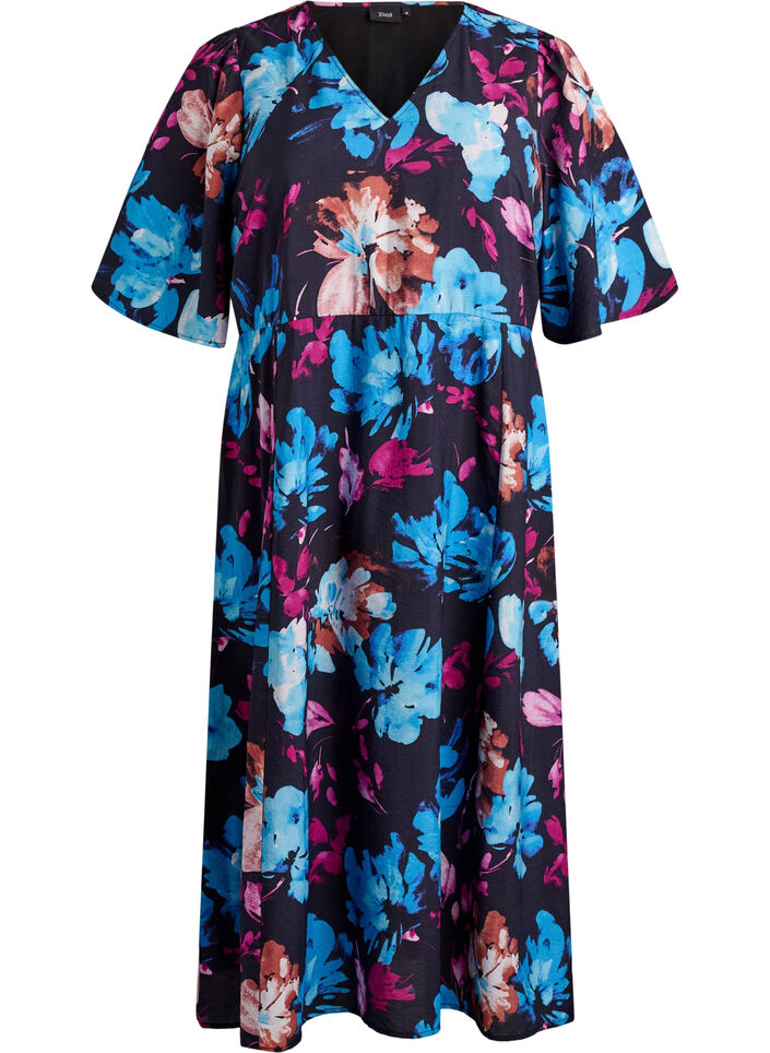 Midi dress with floral print and empire line, Black, Packshot image number 0