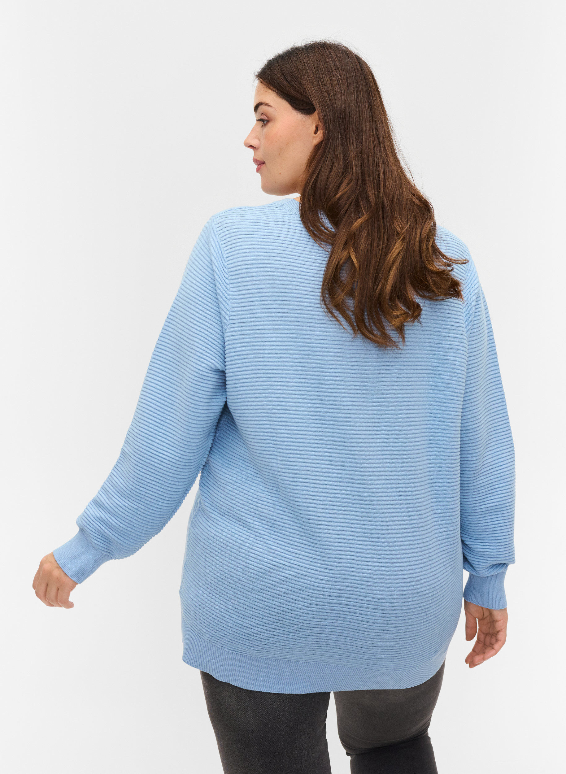 Zizzifashion Long-sleeved knitted blouse in organic cotton, Chambray Blue, Model image number 1