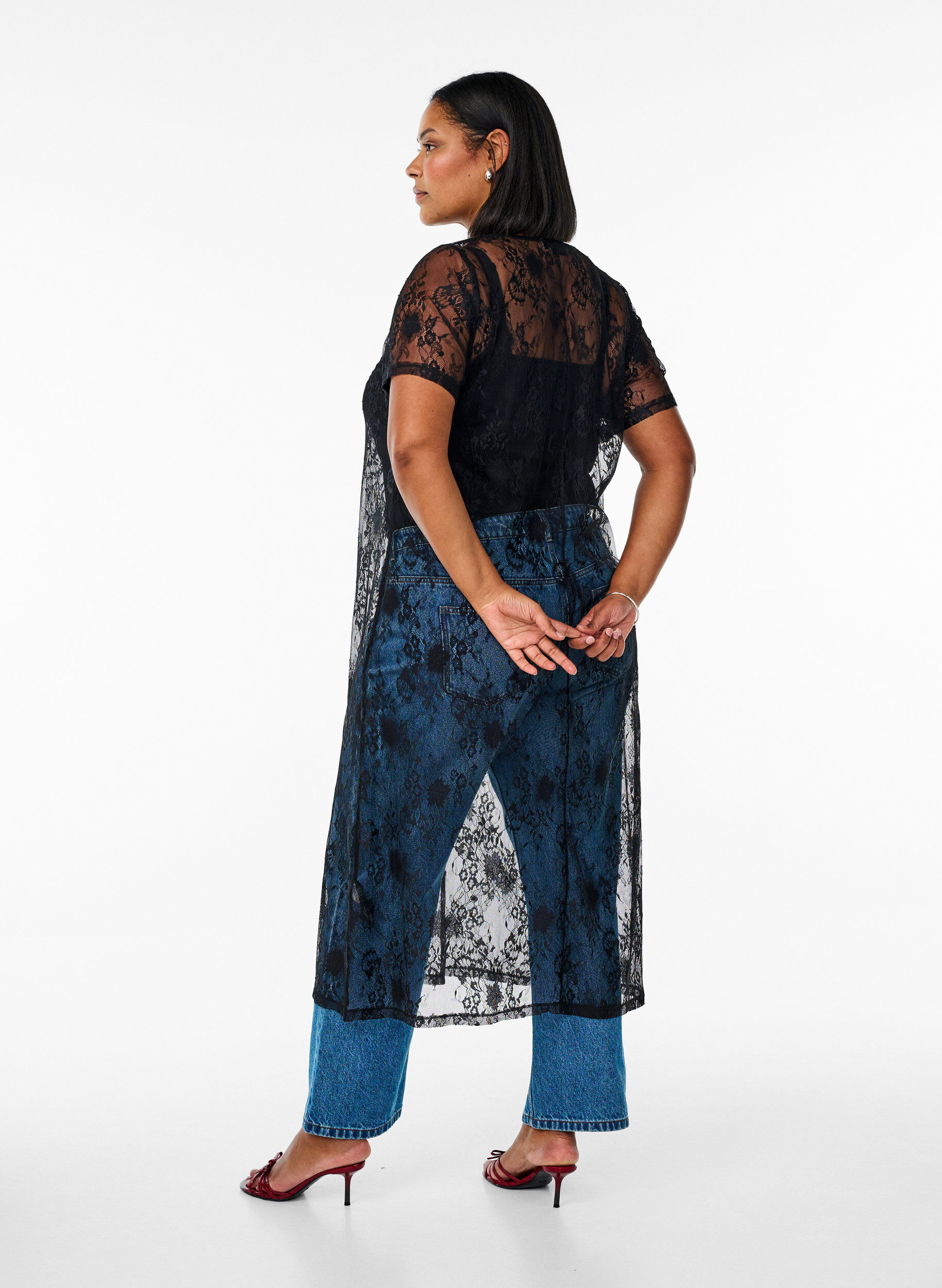 Zizzifashion Midi-length lace dress with A-line shape, Black, Model image number 1