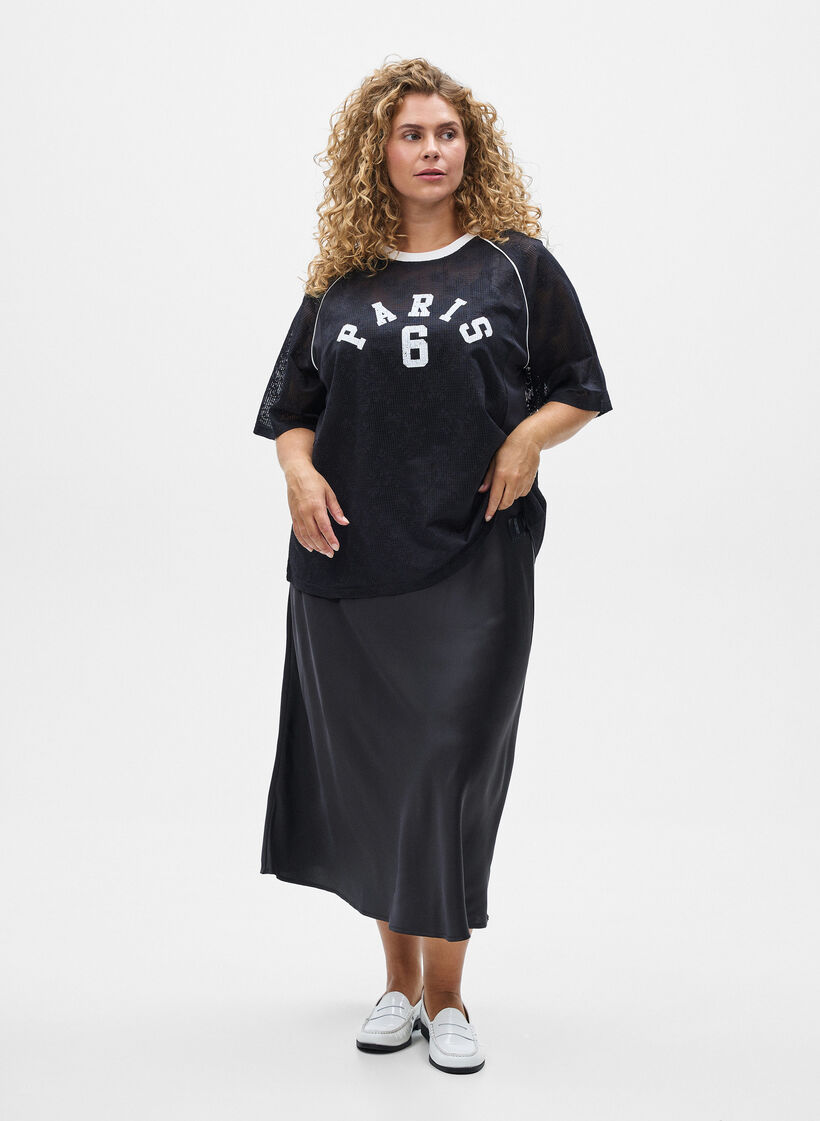 Lace T-shirt with text print, Black, Model image number 1