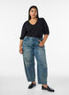 Short-sleeved knit blouse with a pointelle pattern, Black, Model image number 1