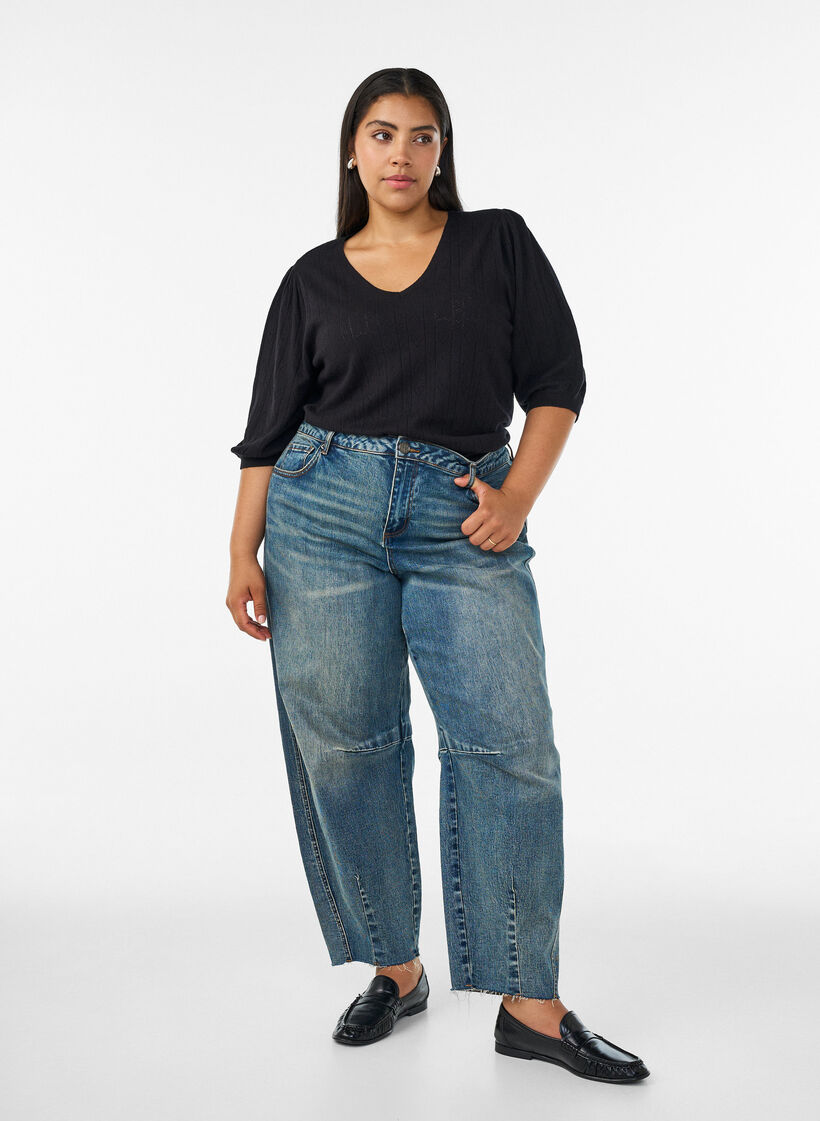 Short-sleeved knit blouse with a pointelle pattern, Black, Model image number 1