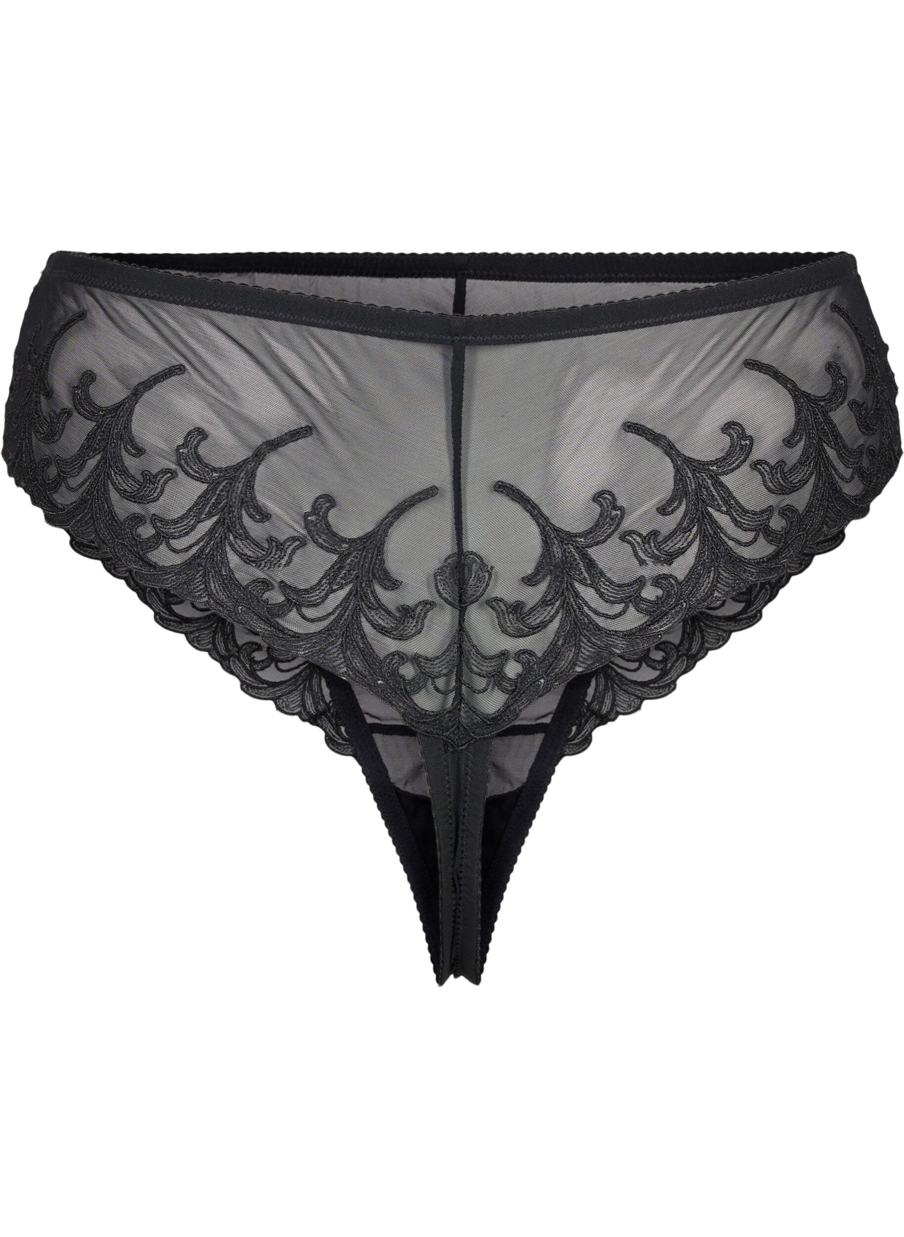 Zizzifashion Mesh thong with embroidery details, Black, Packshot image number 1
