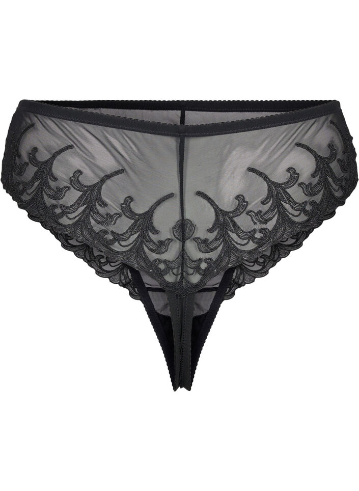 Mesh thong with embroidery details, Black, Packshot image number 1
