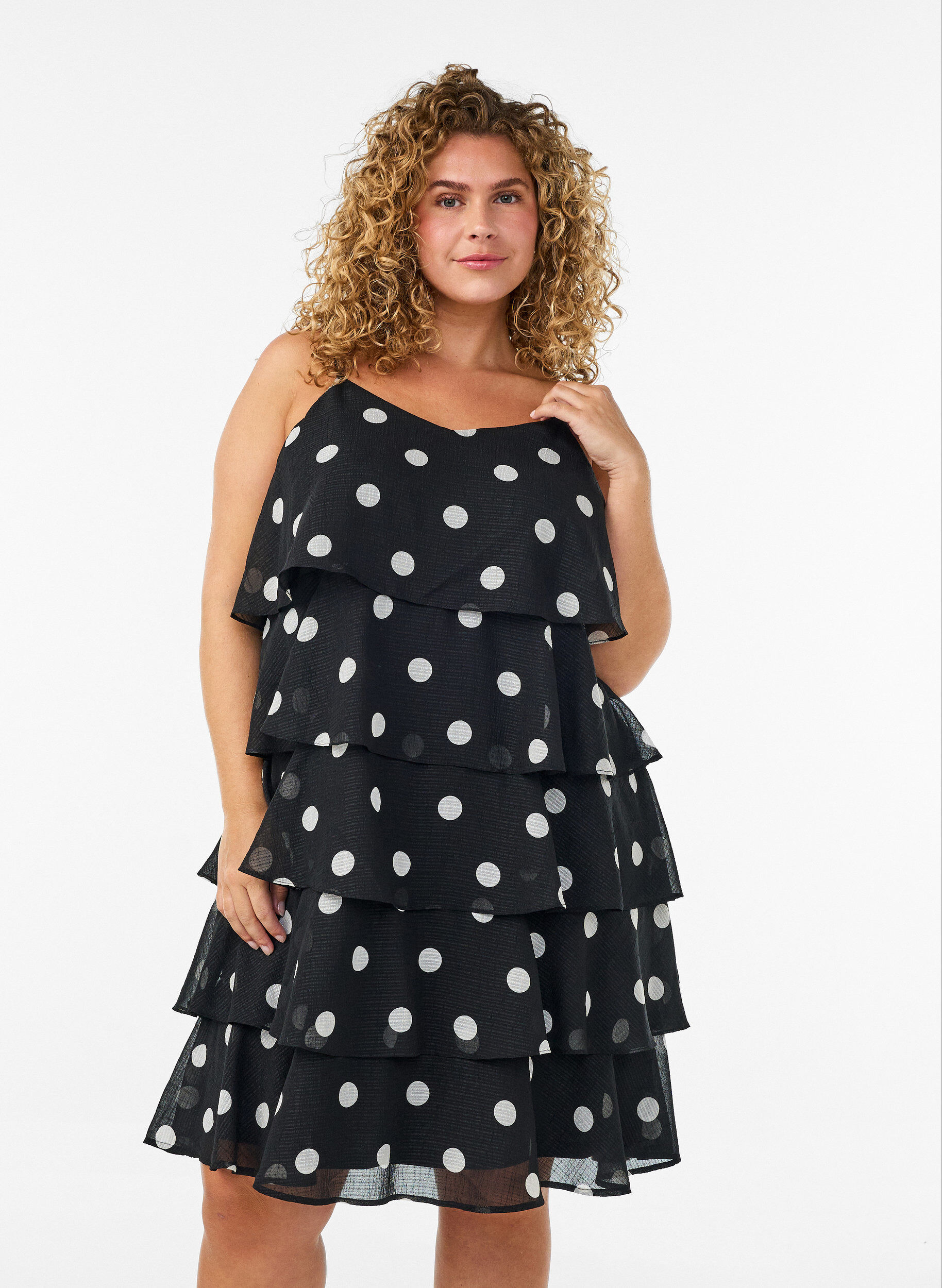Layered dress with ruffles and spaghetti straps, Black, Model
