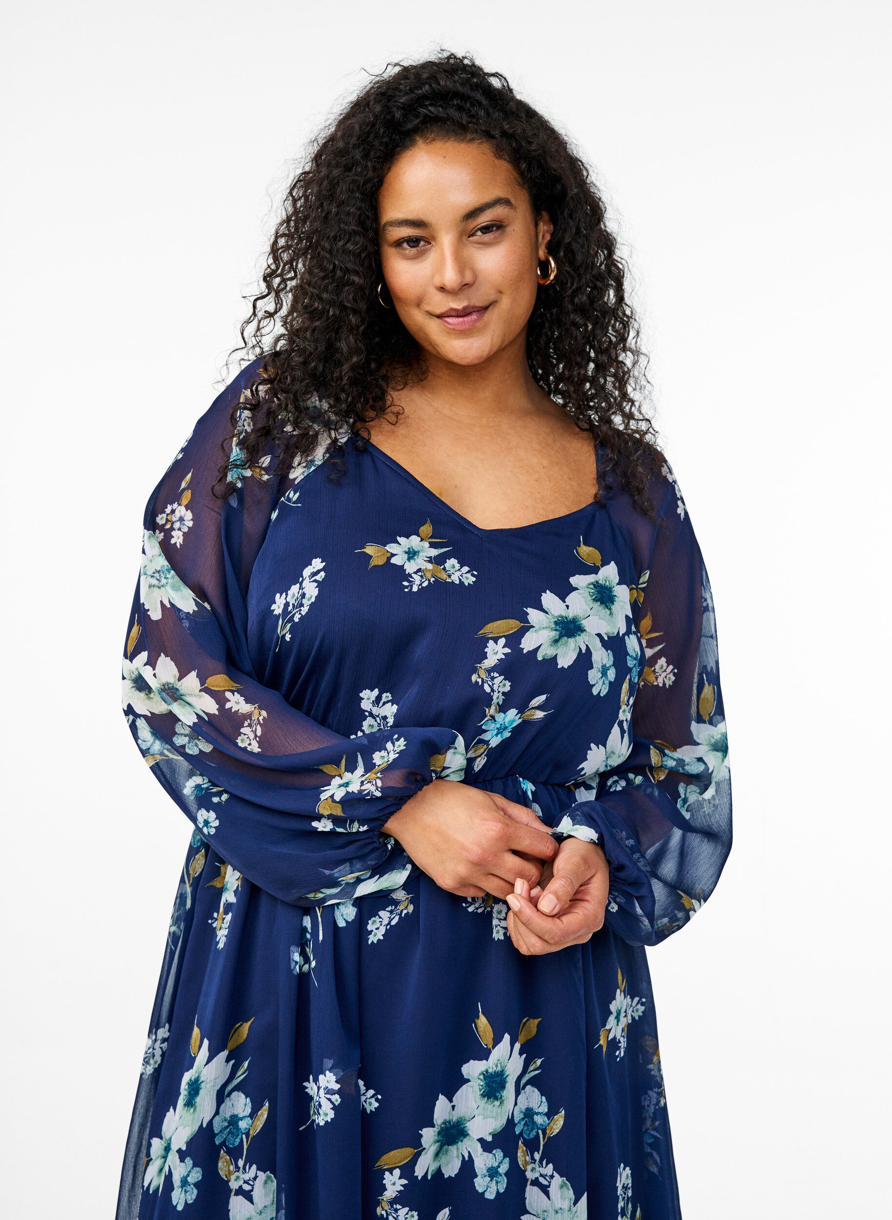 Zizzifashion Chiffon party dress with long sleeves, Blue, Model image number 3