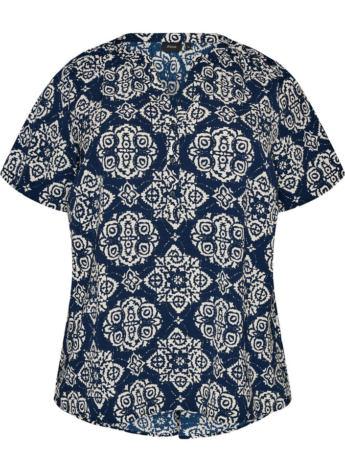 Blouse with short sleeves and v-neck, Blue, Packshot image number 0