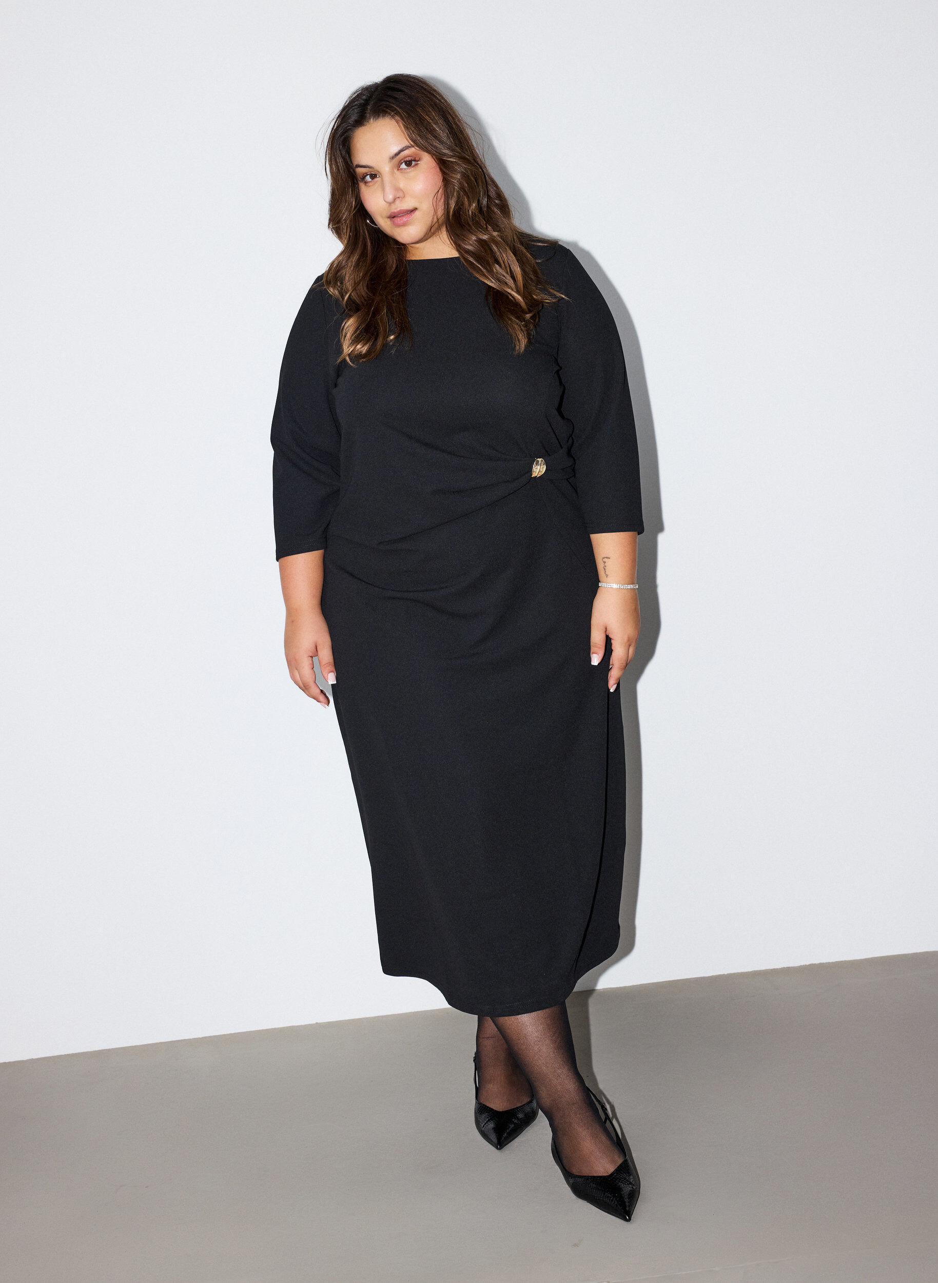 ZizzifashionJersey dress with draping and decorative buckle, Black, Model image number 0