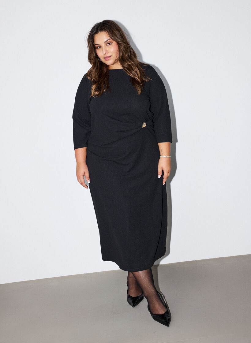 Jersey dress with draping and decorative buckle, Black, Model image number 0