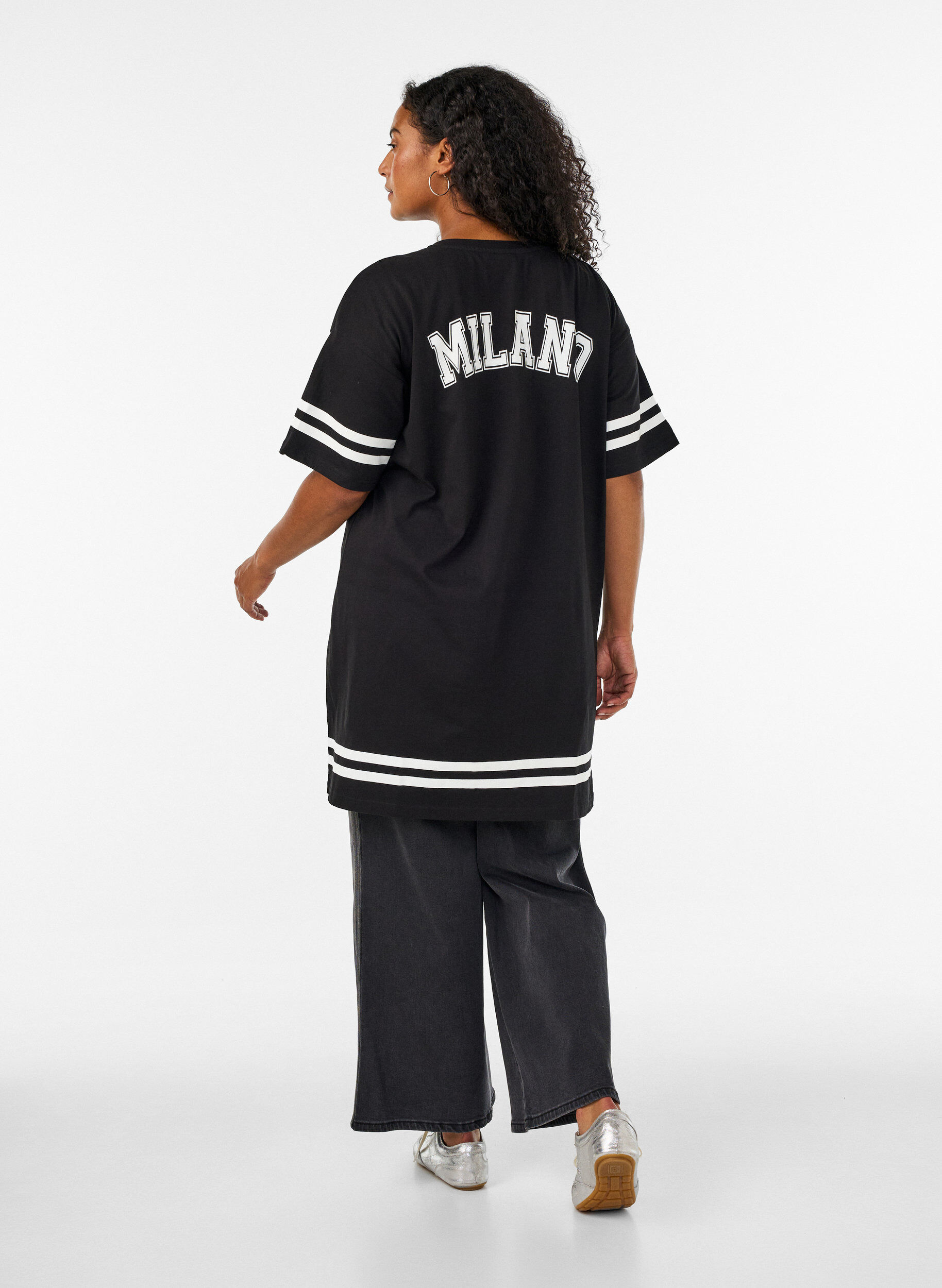 ZizzifashionShort T-shirt dress with sporty details, Black, Model image number 2