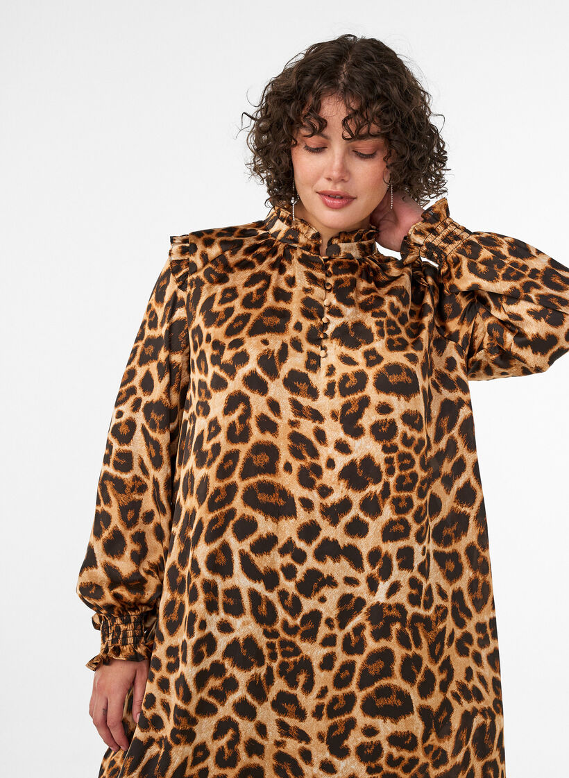 Dress with leopard print and ruffle details, Brown, Model image number 2