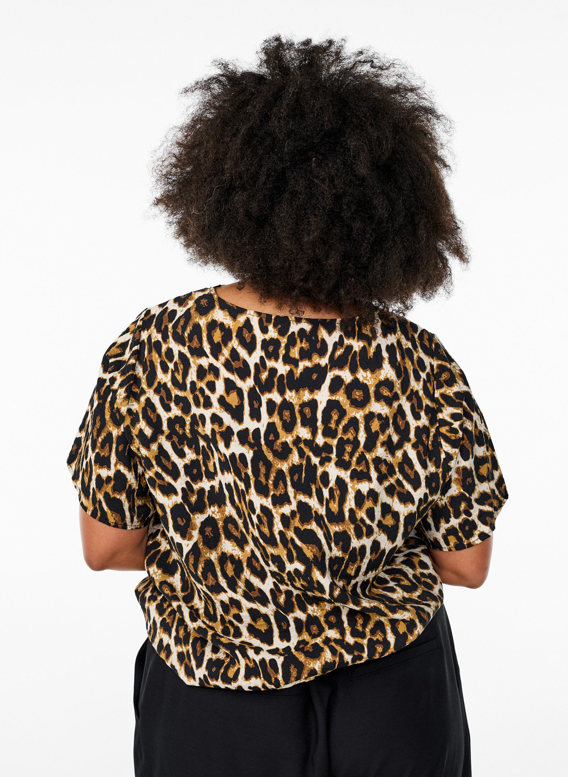 Zizzifashion Short-sleeved viscose blouse with lace trim, Brown, Model image number 2