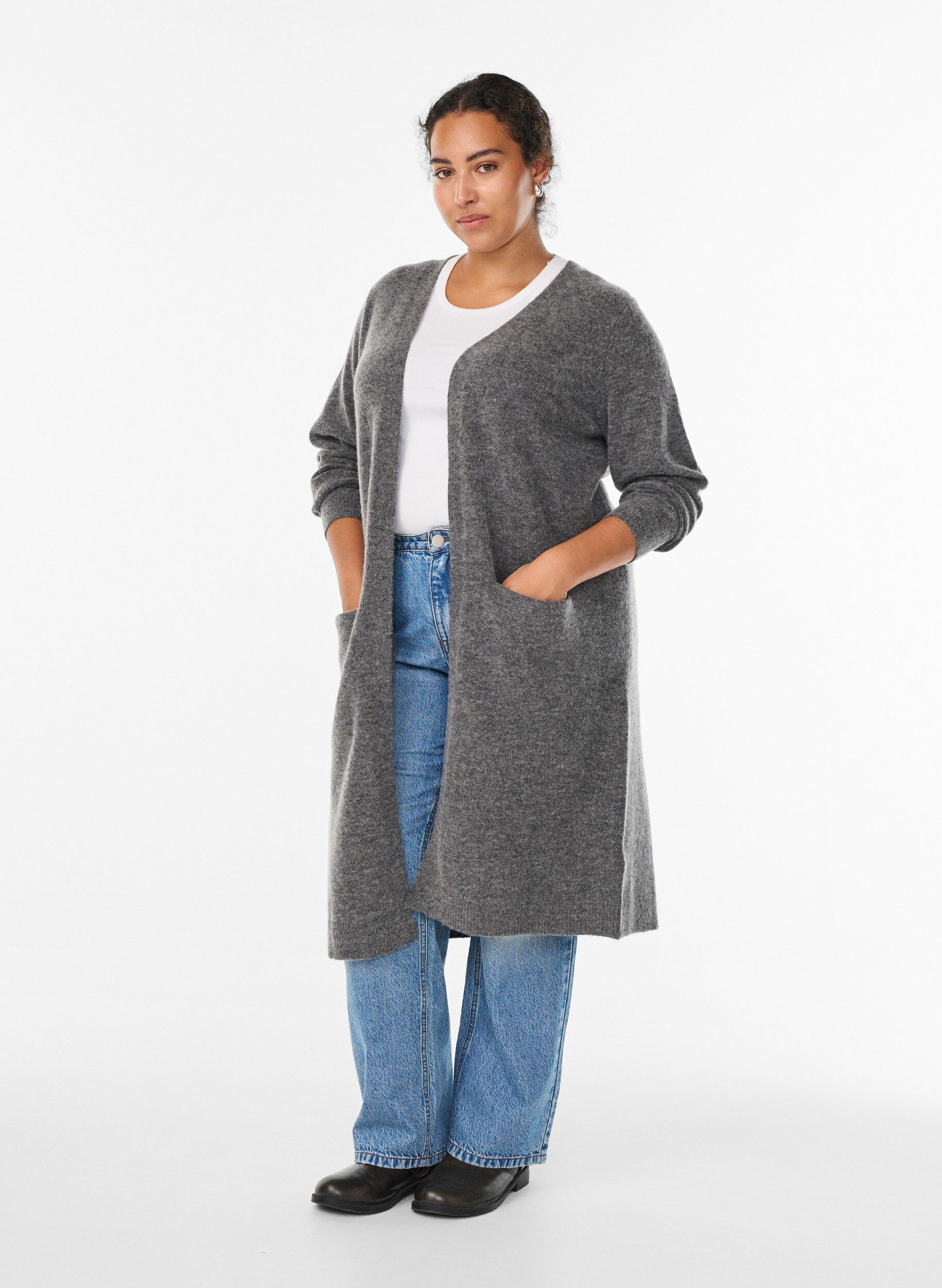 Zizzifashion Long knit cardigan with wool and alpaca, Dark Grey, Model image number 1
