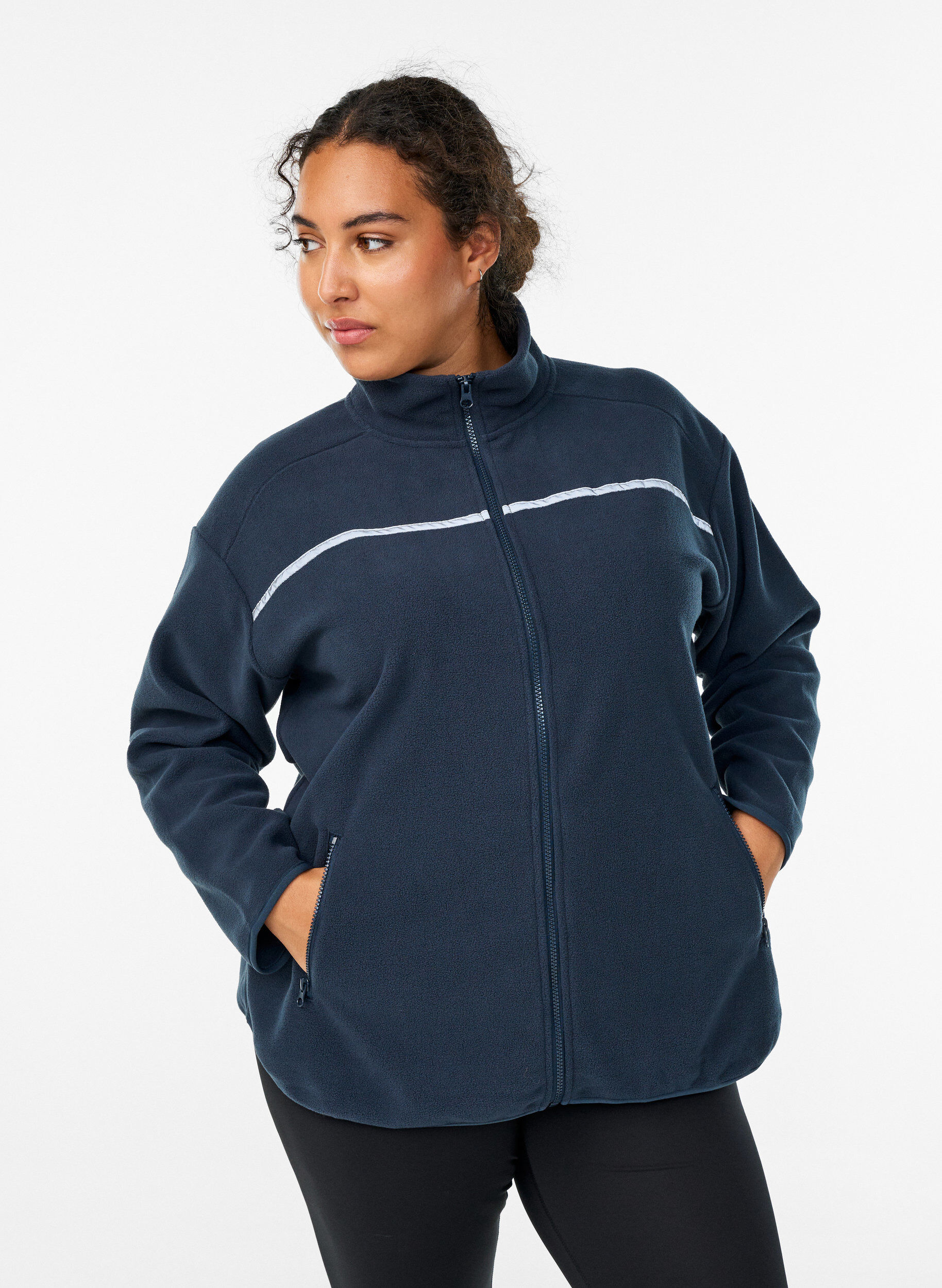 Fleece jacket with zip and reflective tape, Blue, Model