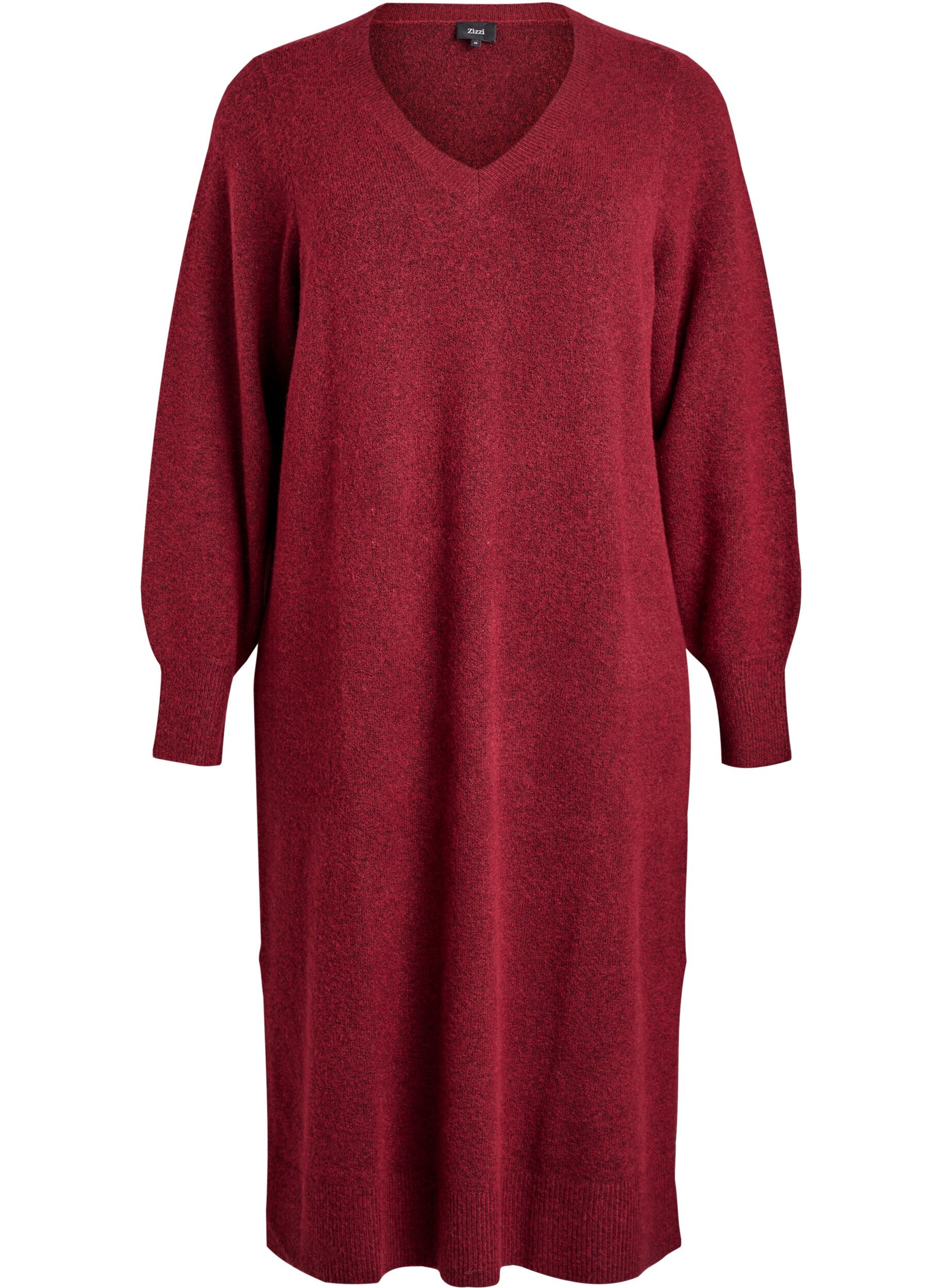 Long-sleeved knit dress with V-neck