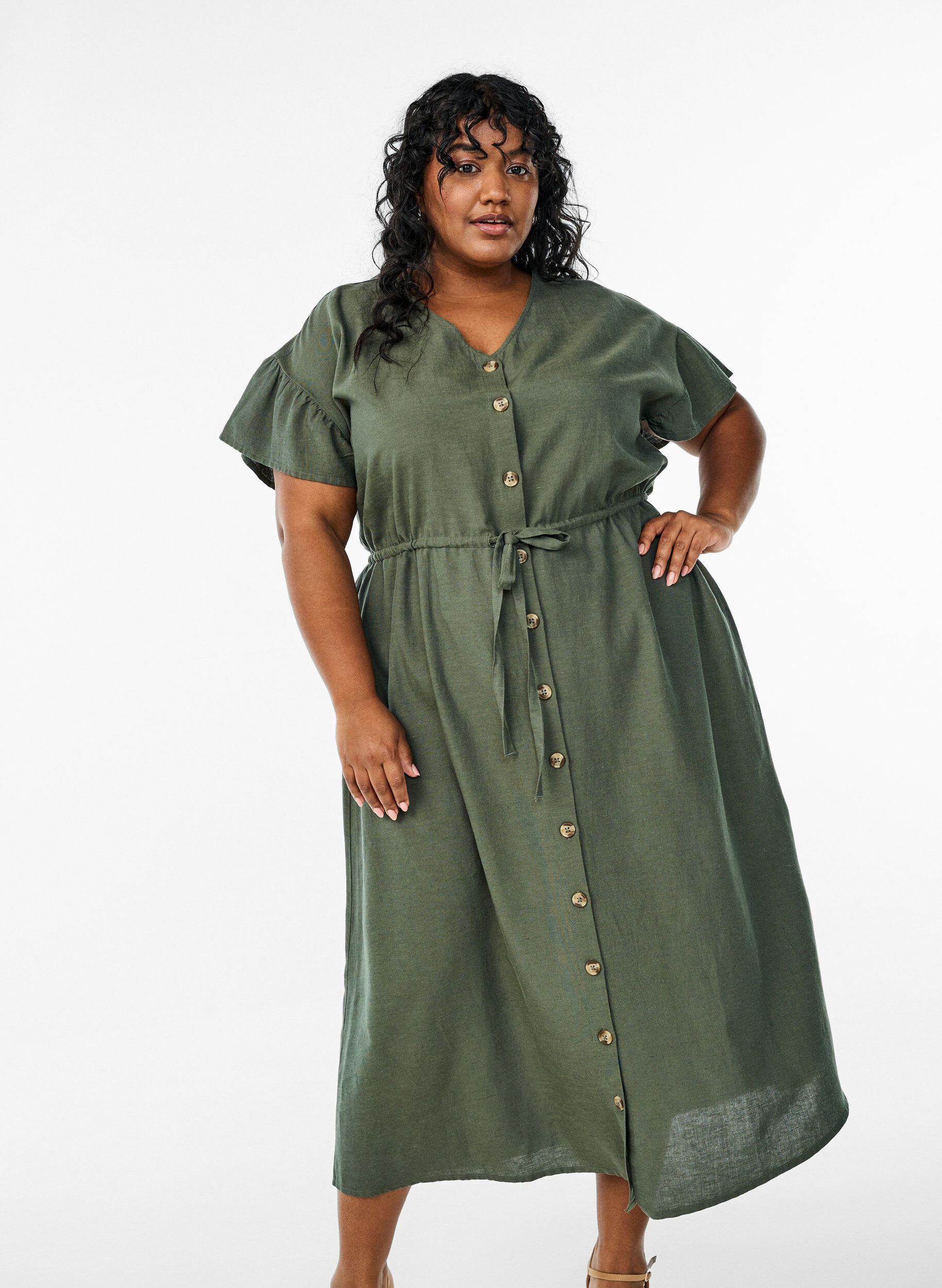 Zizzifashion Maxi dress with buttons and tie belt, Green, Model image number 0