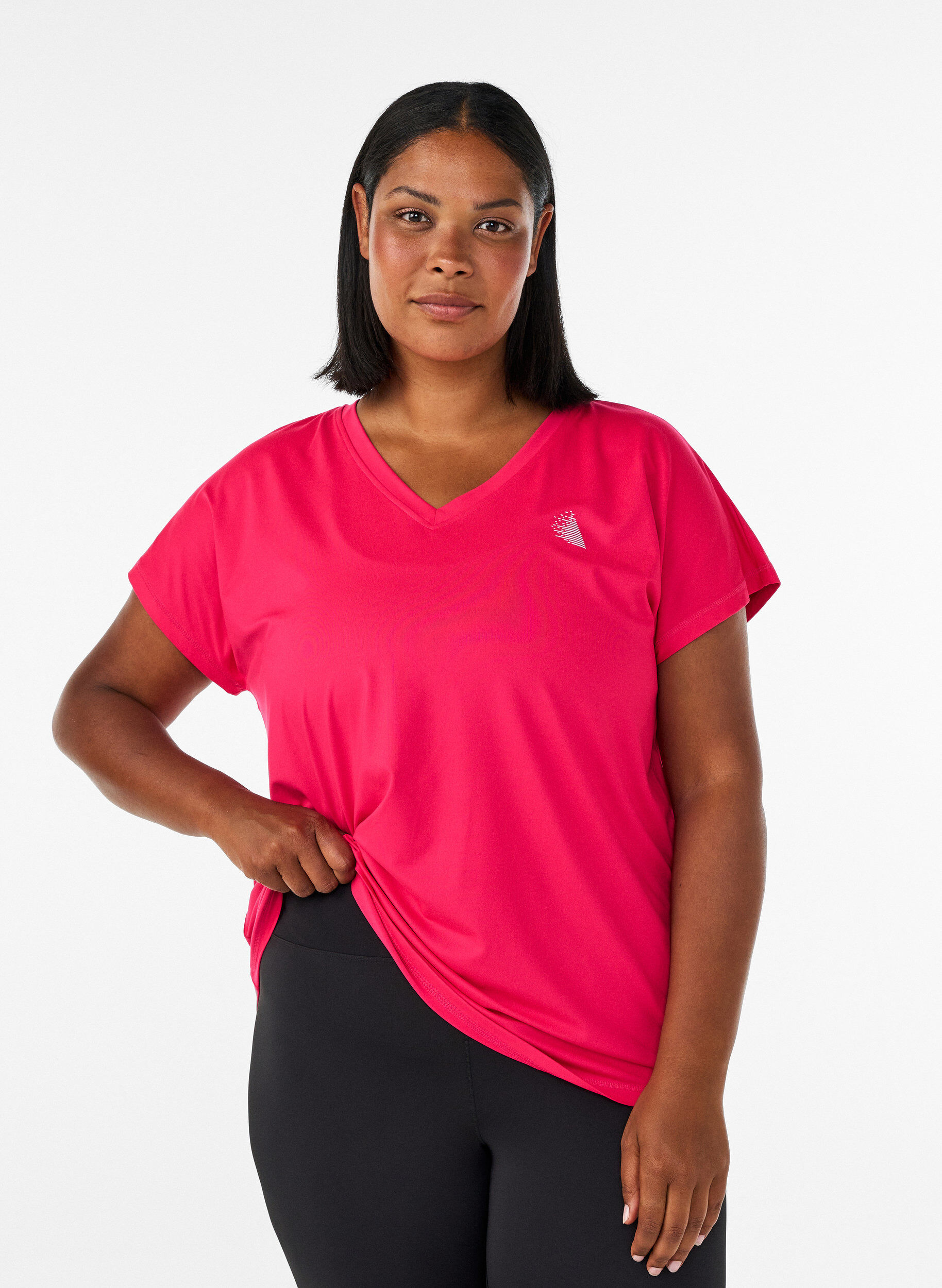 Loose training t-shirt with v-neck, Pink, Model