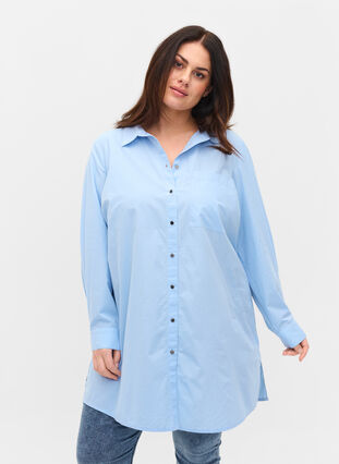 Long cotton shirt with back print, Chambray Blue, Model image number 1