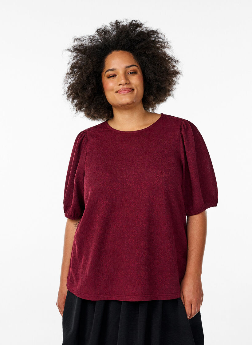 Structured blouse with short sleeves, Dark Bordeaux, Model image number 0