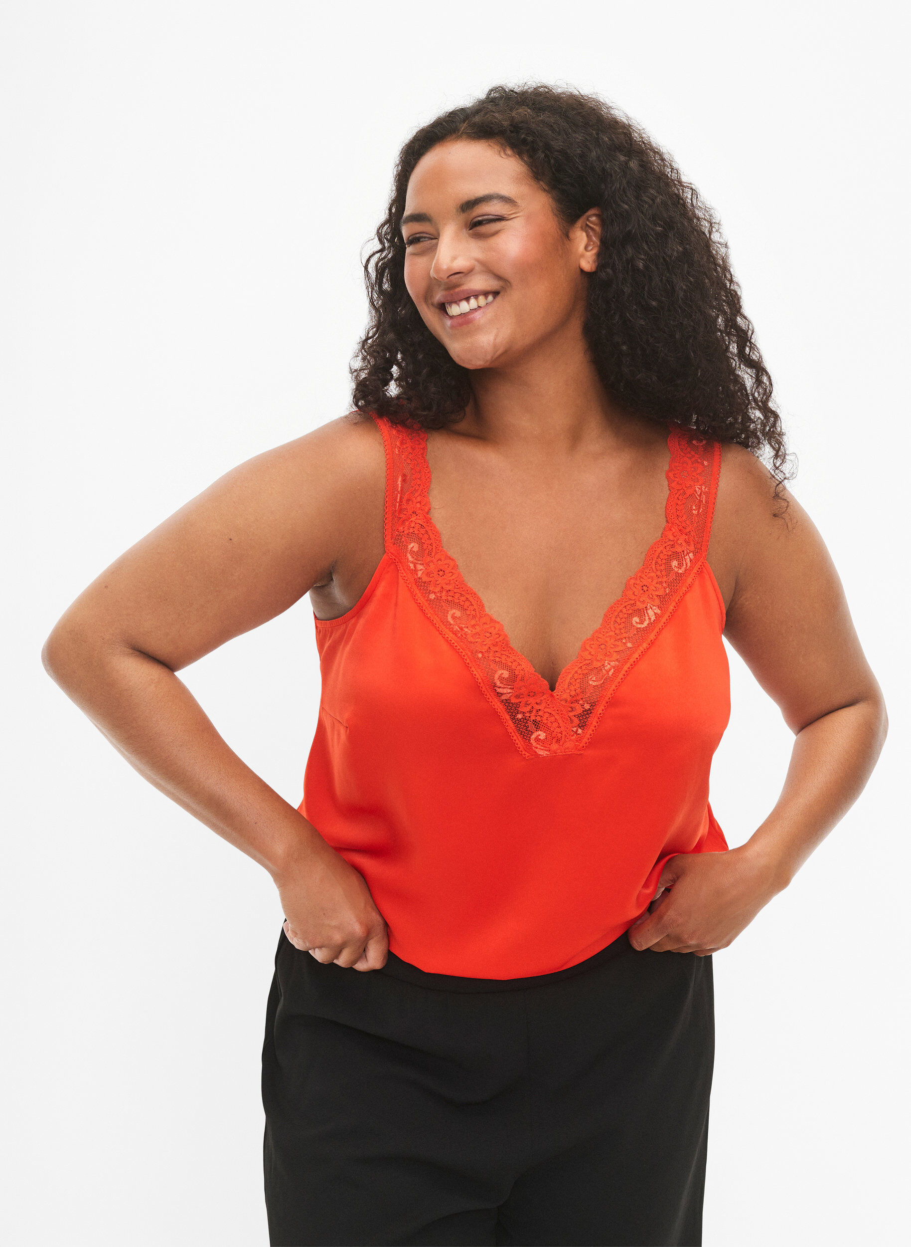 Zizzifashion FLASH - Top with v-neck and lace edge, Orange.com, Model image number 0