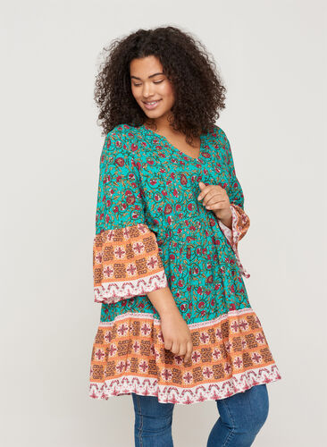 Printed viscose tunic with A-line cut, Indian Paisley, Model image number 0