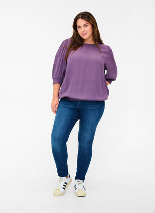 Viscose blouse with 3/4 sleeves and smock, Vintage Violet, Model image number 2
