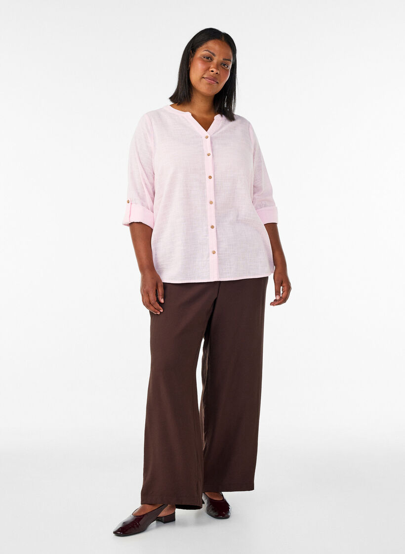 Cotton shirt blouse with a v-neck, Rose, Model image number 1