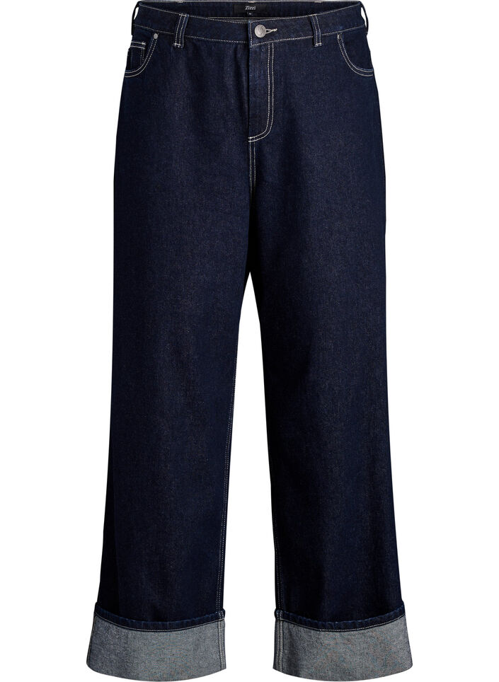 Wide fit jeans with wide turn-ups and contrast stitching, Blue, Packshot image number 0