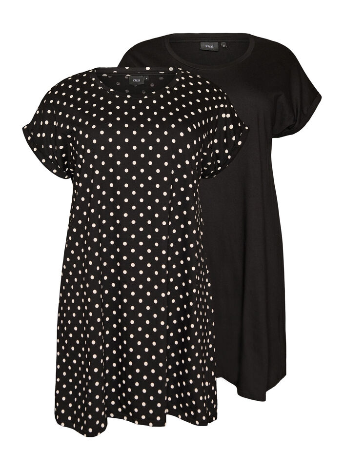 2-pack T-shirt dress with short sleeves, Black, Packshot image number 0