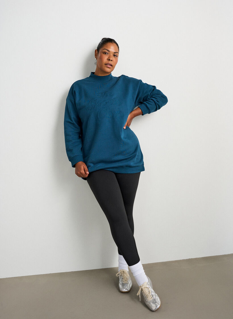 Long sweatshirt with high neck and embroidered text, Blue, Model image number 1